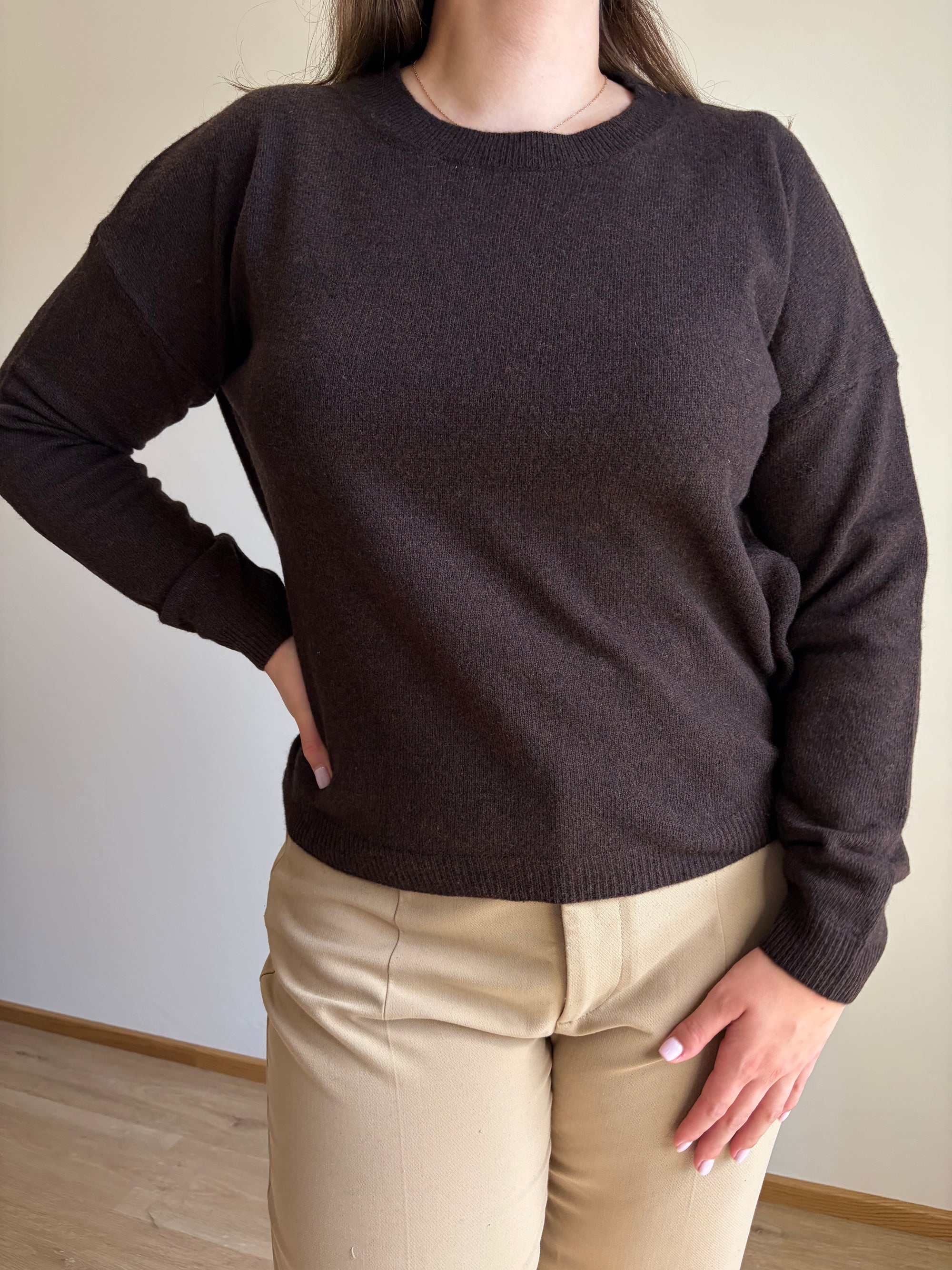 Pulover Alba – rjava barva, okrogel ovratnik, pulover iz 100 % volne, na modelu