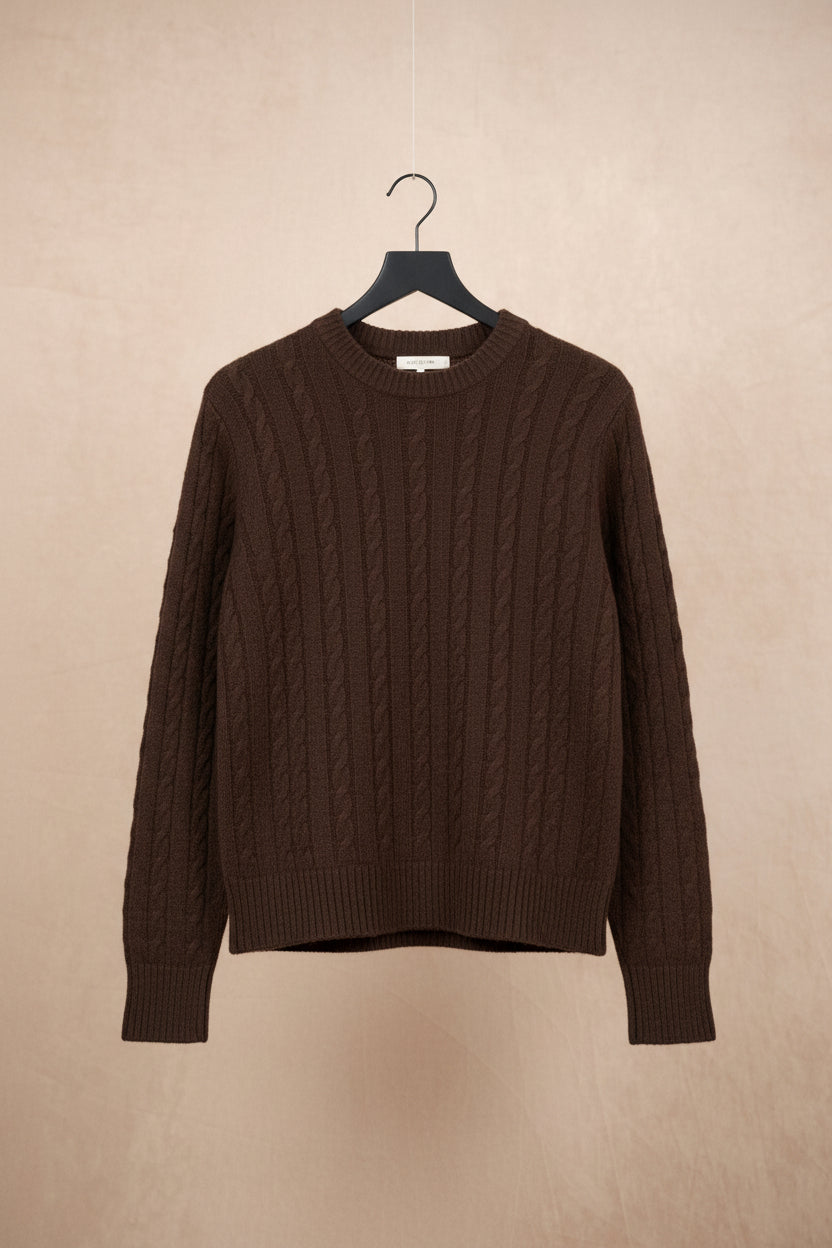 Pulover Terra – rjava barva, detajl pletenine iz 100 % merino volne